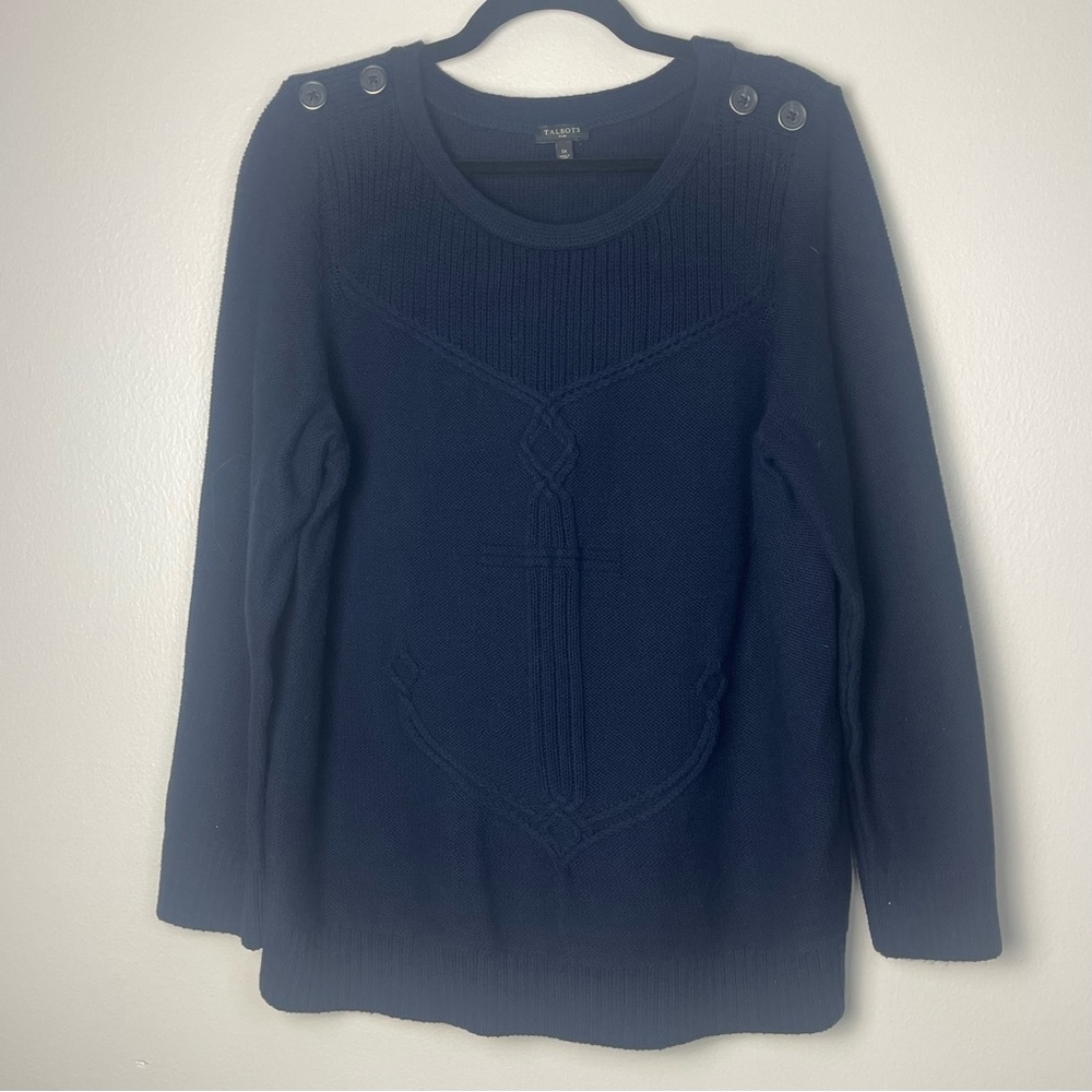 Talbots navy blue knit Anchor sweater with an anchor design and shoulder buttons